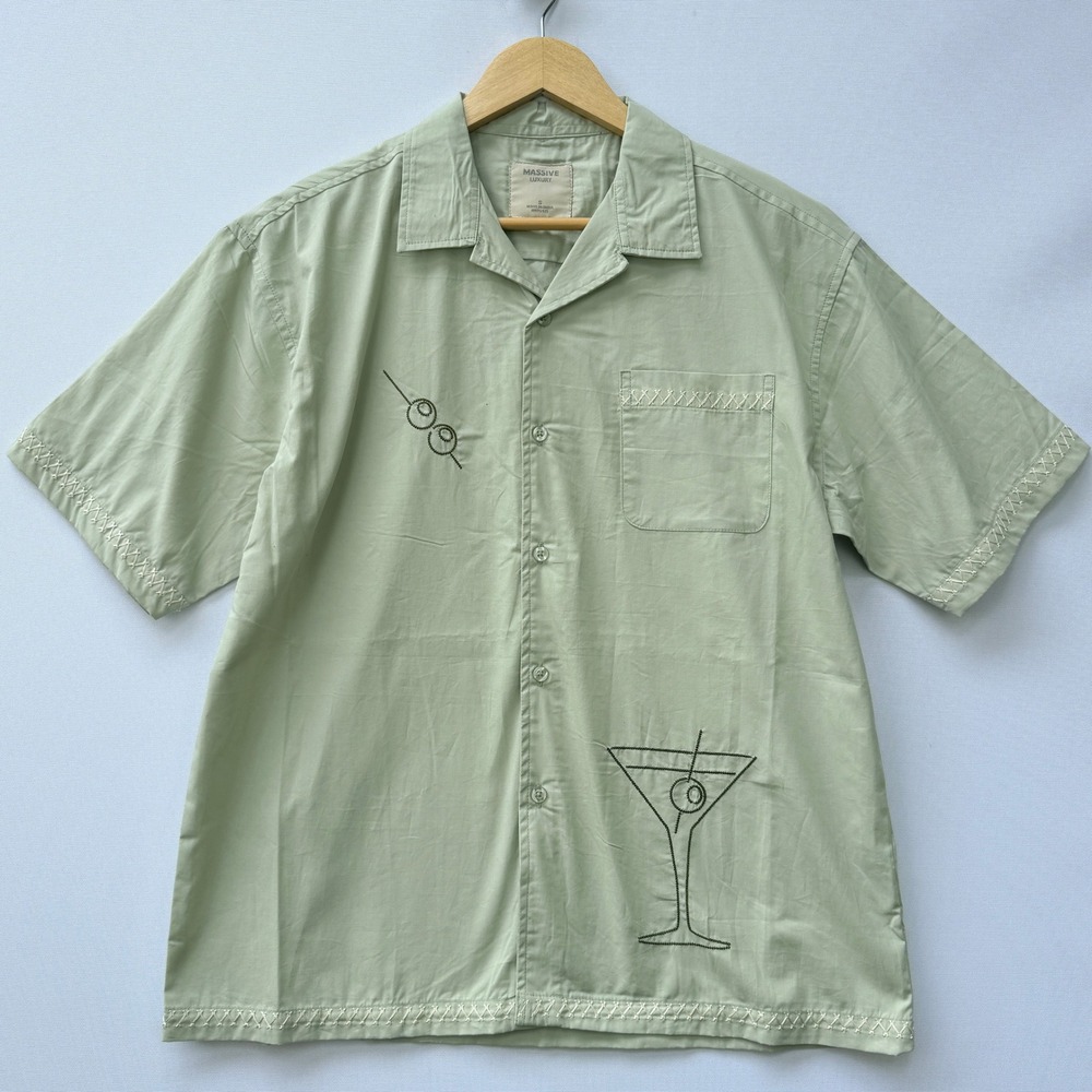 NEW Massive Luxury Mens Small Button Shirt Sage Green Martini Fun Tropical Retro